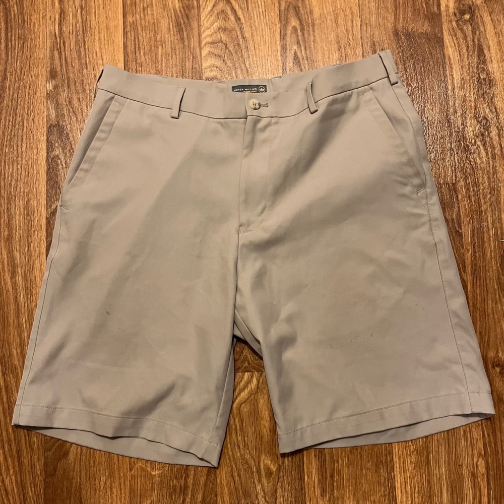 Peter Millar Shorts Men 34 Tan Crown Performance Golf Khaki Flat Front Stretch